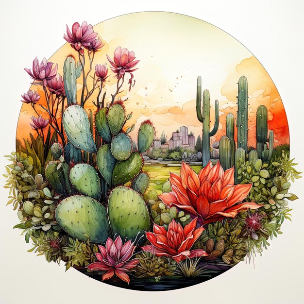 a drawing of a landscape with cactus and cactus