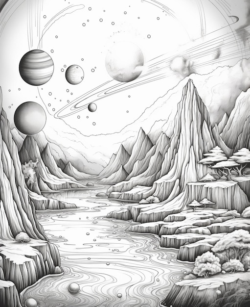 Photo a drawing of a landscape with mountains generative ai