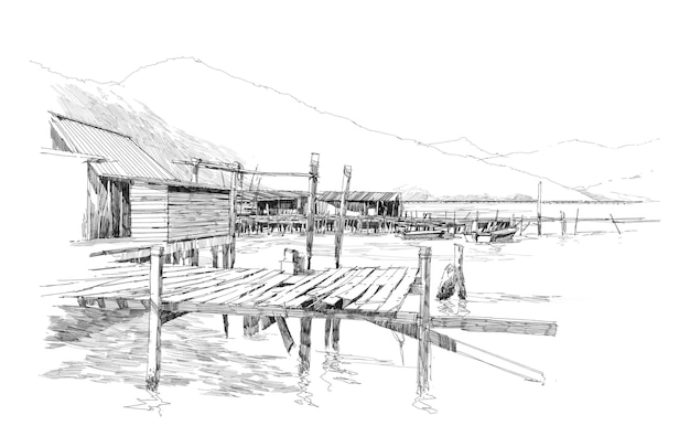 drawing of landscape with old fishing village