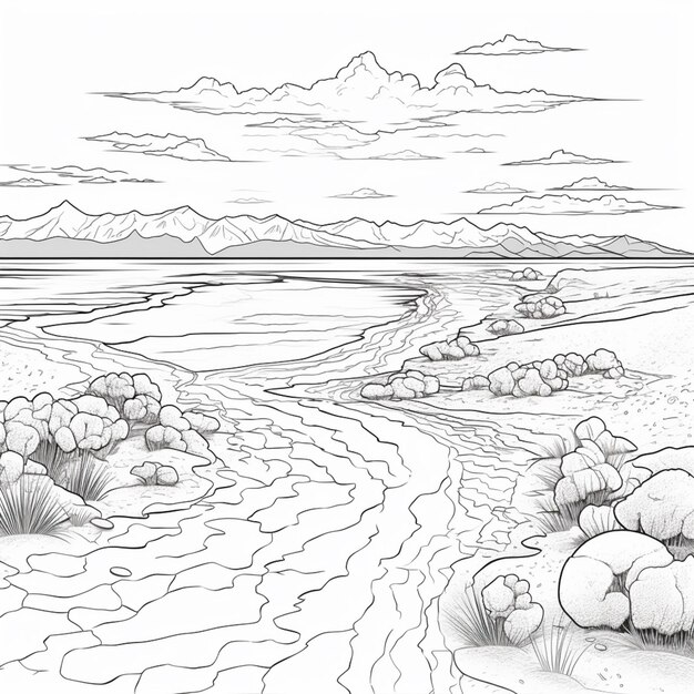 a drawing of a landscape with a river and mountains in the distance generative ai