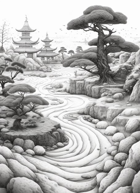 A drawing of a landscape with a river and a pagoda generative ai