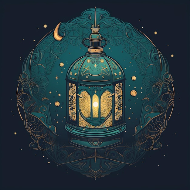 A drawing of a lantern with the moon in the background