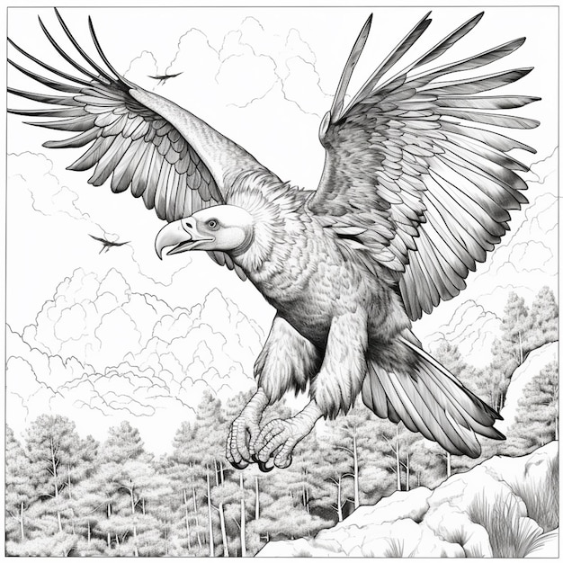 Photo a drawing of a large bird flying over a forest generative ai