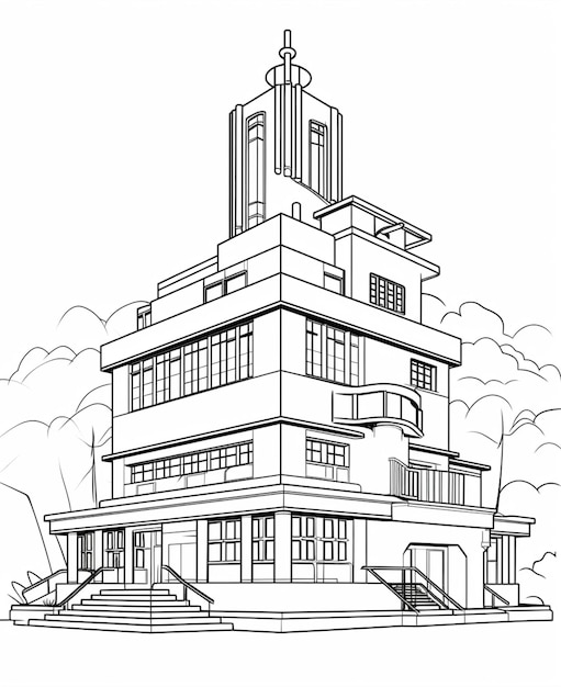 上部に時計塔がある大きな建物の絵