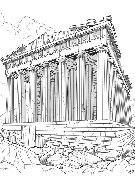 a drawing of a large building with columns and a roof generative ai