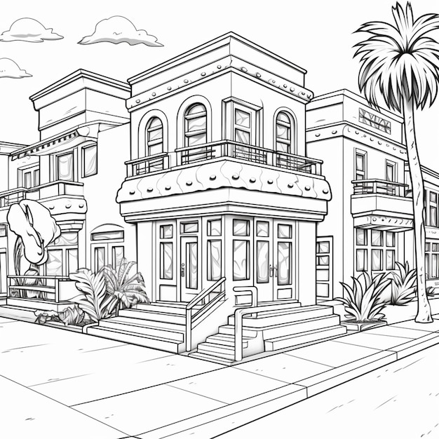 a drawing of a large building with a palm tree in front of it generative ai