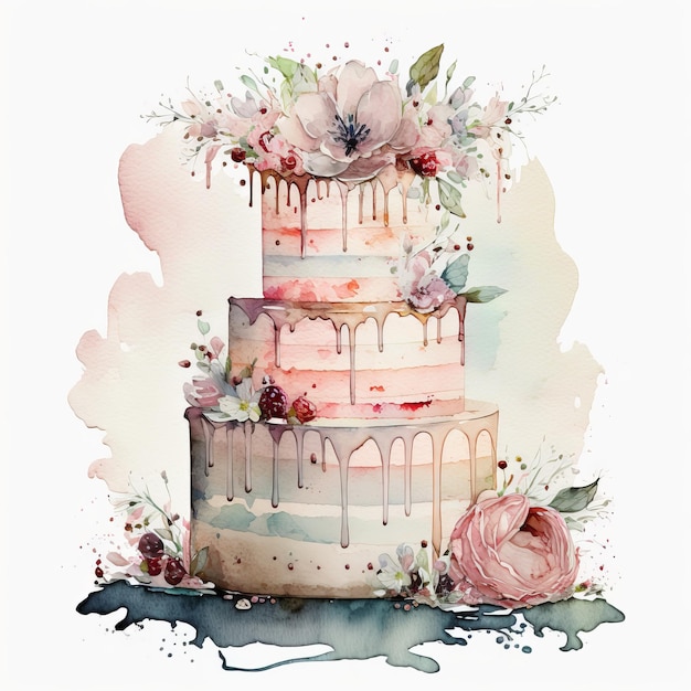 Drawing of a large cake with flowers pastel colors watercolor white background Generative AI