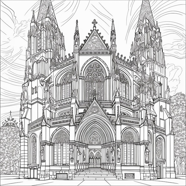 A drawing of a large cathedral with a clock tower generative ai