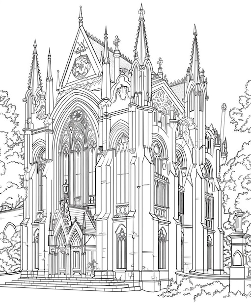 Photo a drawing of a large church with a clock tower generative ai