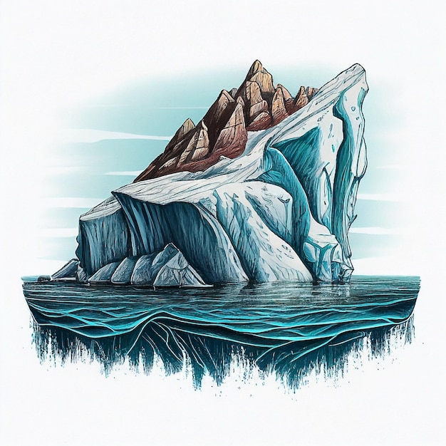 A drawing of a large iceberg with mountains in the background.