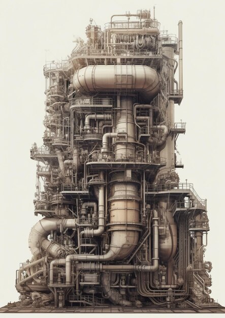 A drawing of a large industrial building with pipes and tubes.