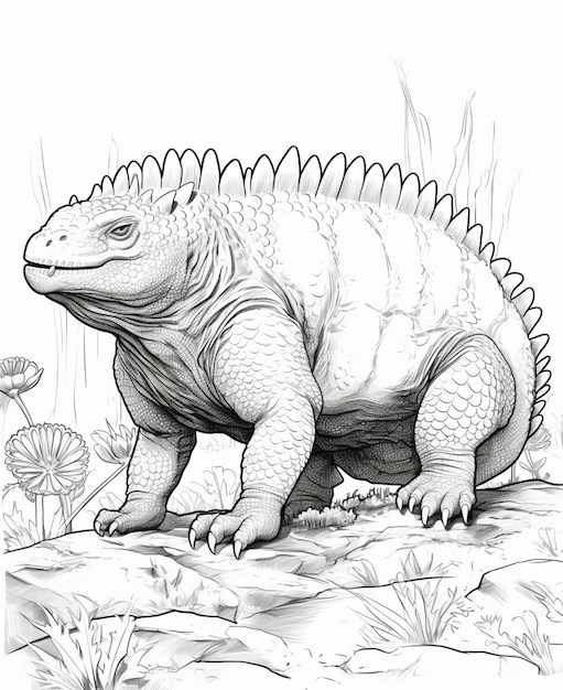 A drawing of a large lizard sitting on a rock in the grass generative ai