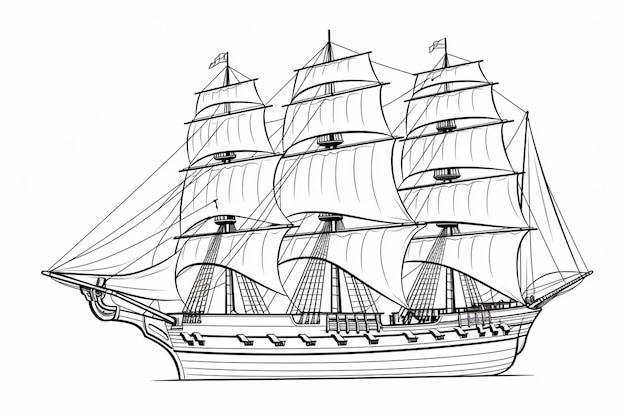 Photo a drawing of a large ship with sails sailing on the water generative ai