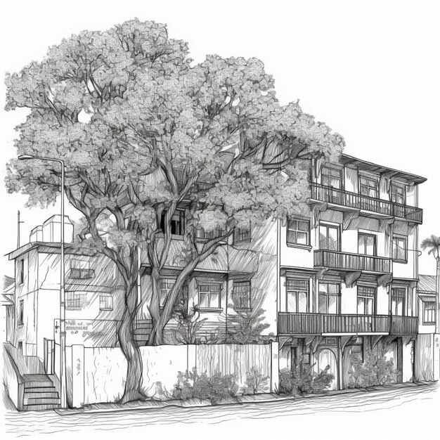 a drawing of a large tree in front of a building generative ai