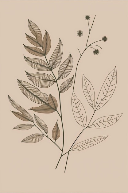 Drawing of leaves and berries on a beige background generative ai