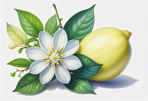 Drawing of lemon and leaf with flower on white background