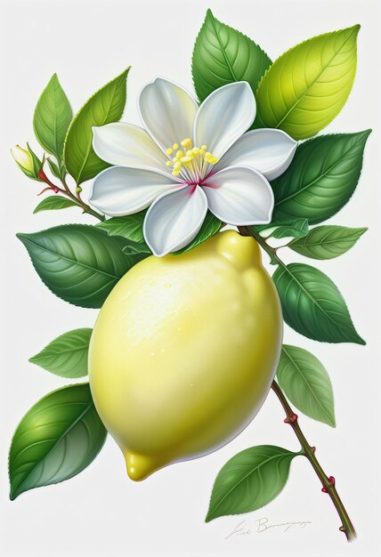 Drawing of lemon and leaf with flower on white background