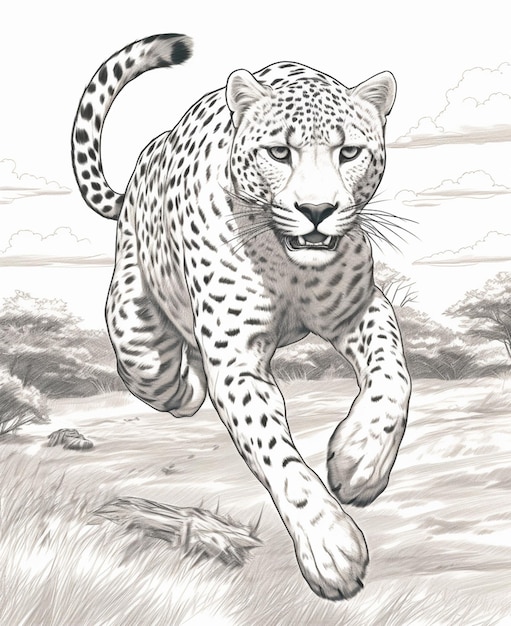 Photo drawing of a leopard running in the wild with a sky background generative ai