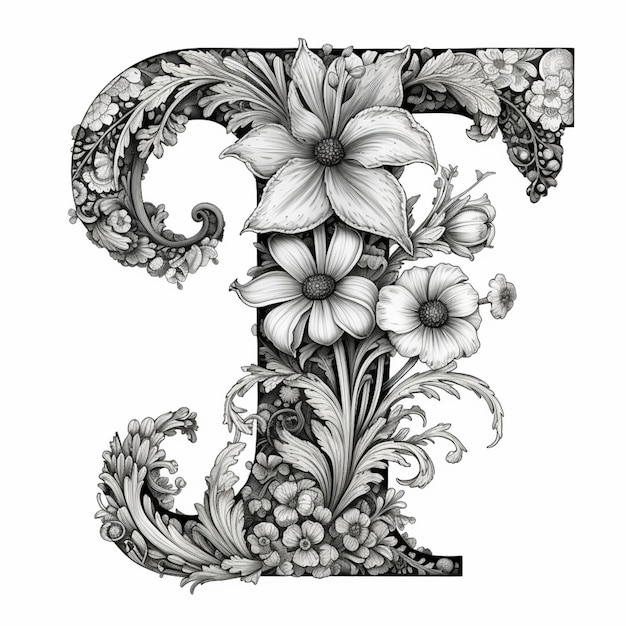 A drawing of a letter e with flowers and leaves generative ai