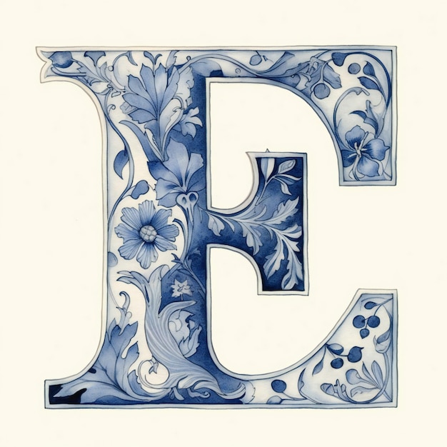 A drawing of a letter e with flowers and leaves