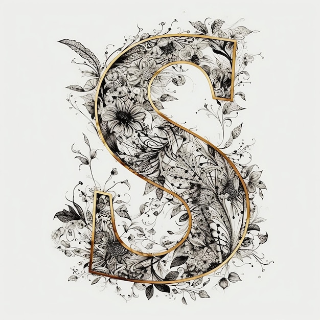 A drawing of a letter s with flowers and leaves.