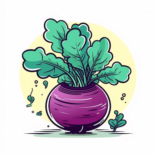 A drawing of lettuce in a pot with a yellow circle in the background.