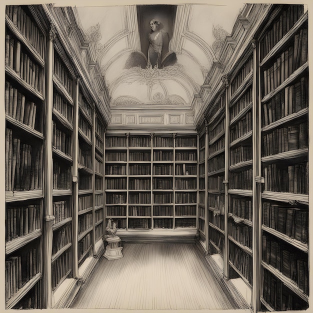 a drawing of a library with a dog in the middle