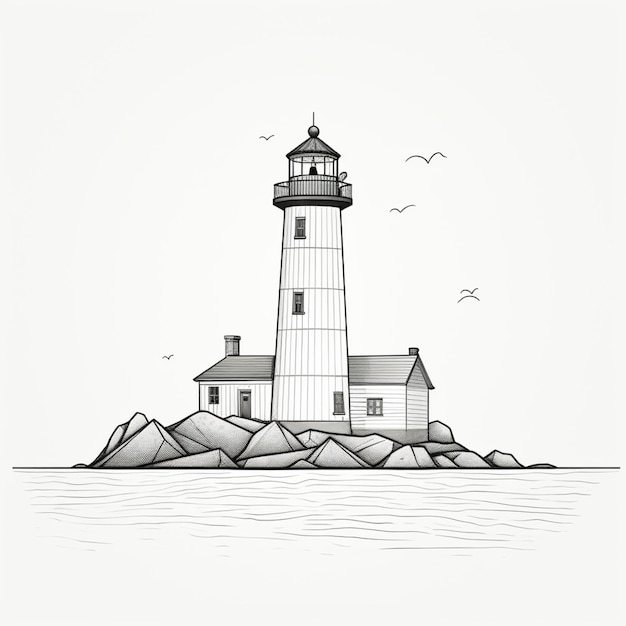 Photo drawing of a lighthouse on a rocky island with birds flying around generative ai