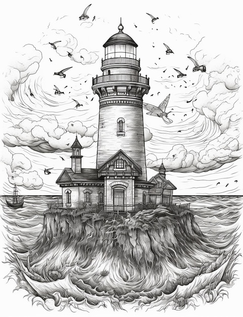 a drawing of a lighthouse on a small island with birds flying around generative ai