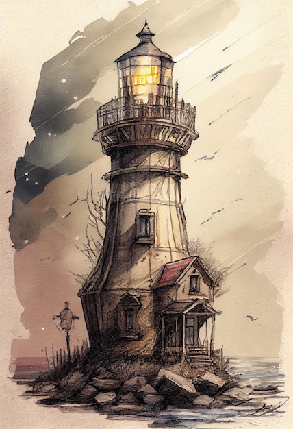 A drawing of a lighthouse with a lighthouse on the top.