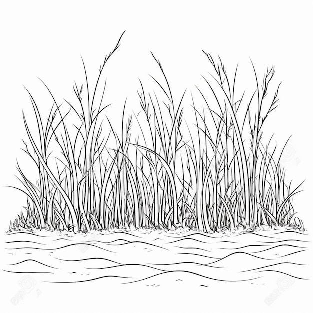 a drawing of a line drawing of a grass field with water generative ai