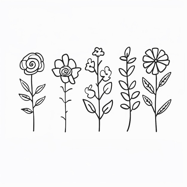 a drawing of a line of flowers with leaves and flowers on them generative ai