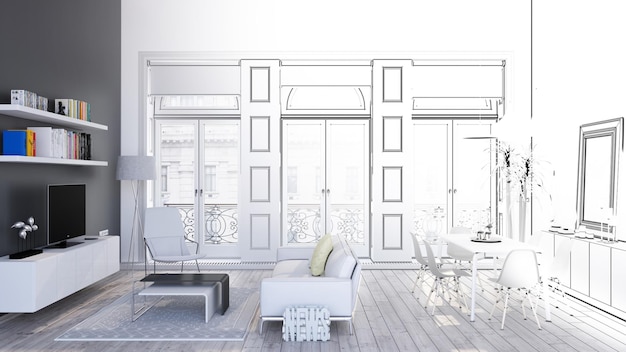 Foto linee di disegno per il rendering realistico 3d del design moderno del soggiorno per il concetto architettonico.