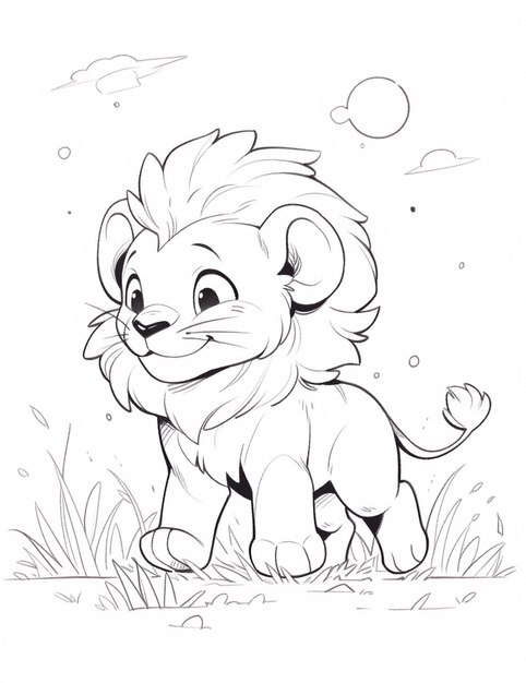 A drawing of a lion cub standing in the grass generative ai