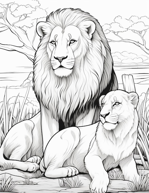ライオンとライオンの子が岩の上に座っている絵