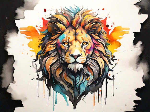 a drawing of a lion with a colorful background