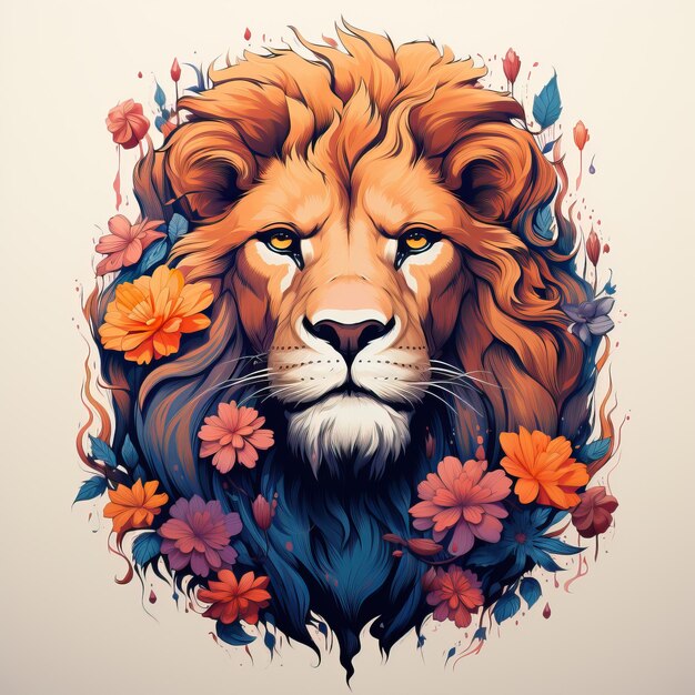 A drawing of a lion with flowers and a lion head