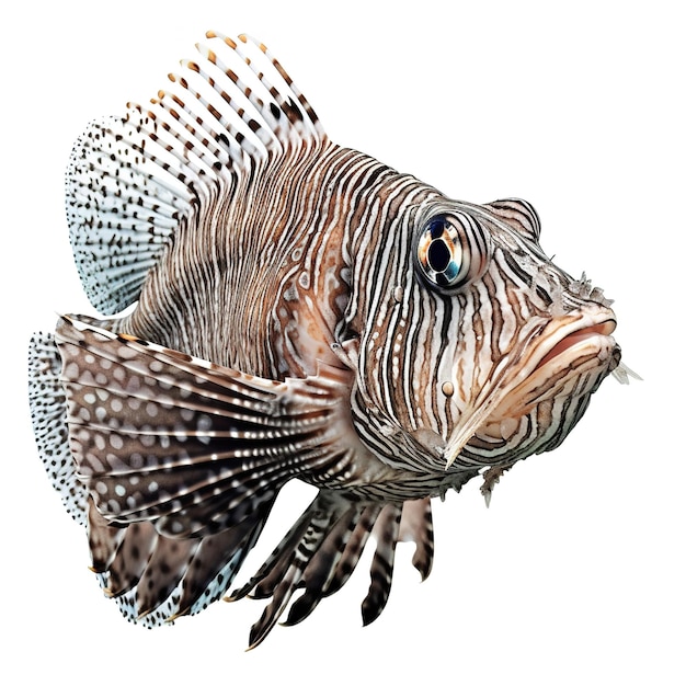 A drawing of a lionfish with the head turned to the side.