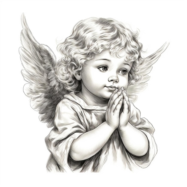 Foto disegno di un angioletto che prega con le mani unite ai generative