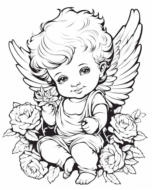Foto un disegno di un piccolo angelo con ali e rose generative ai