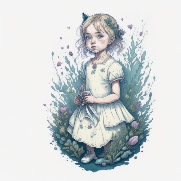 A drawing of a little girl in a dress with a flower on it