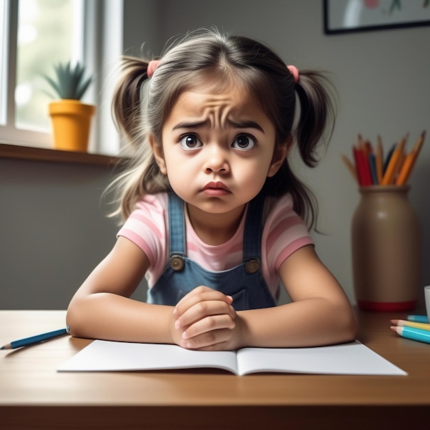 Photo a drawing of a little girl sitting on a table her expression annoyed cute illustration ai generative