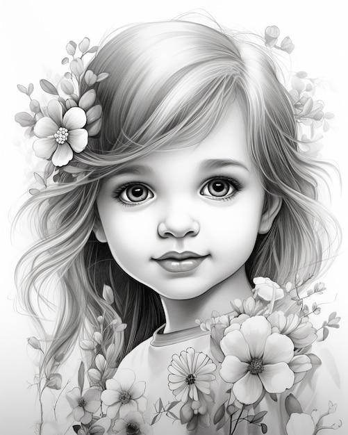 a drawing of a little girl with flowers in her hair generative ai