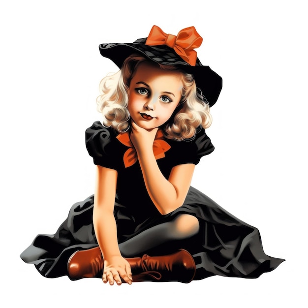 a drawing of a little girl with a red bow on her head