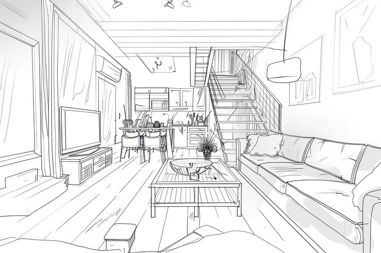 Photo drawing of a live wire frame home interior