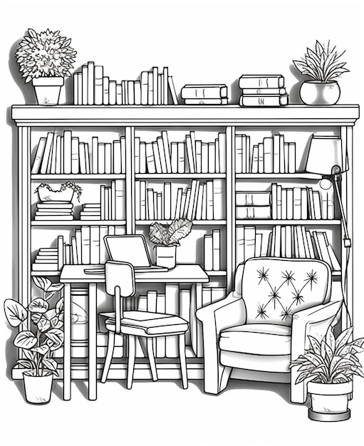 Photo a drawing of a living room with a book shelf and a chair generative ai