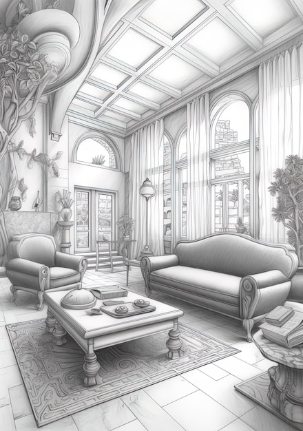 a drawing of a living room with a couch and a coffee table.