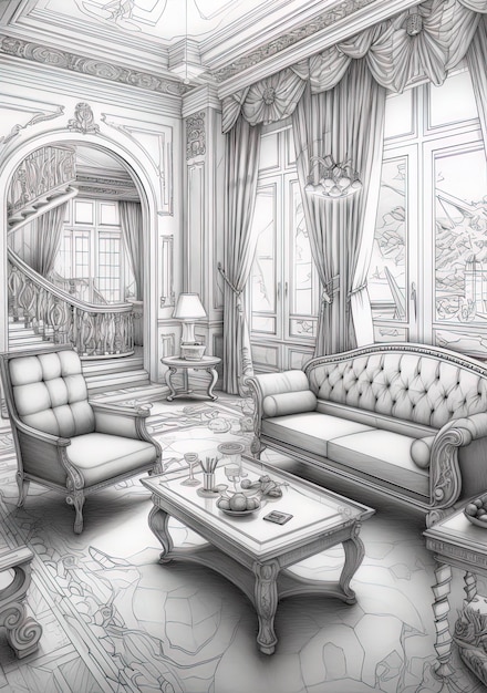 a drawing of a living room with a couch and a coffee table.