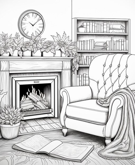 Photo drawing of a living room with a fireplace and a chair generative ai