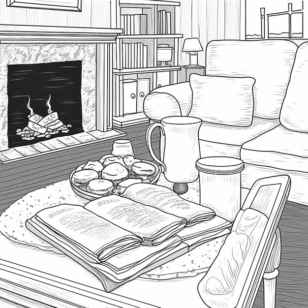 Premium AI Image | drawing of a living room with a fireplace and a ...